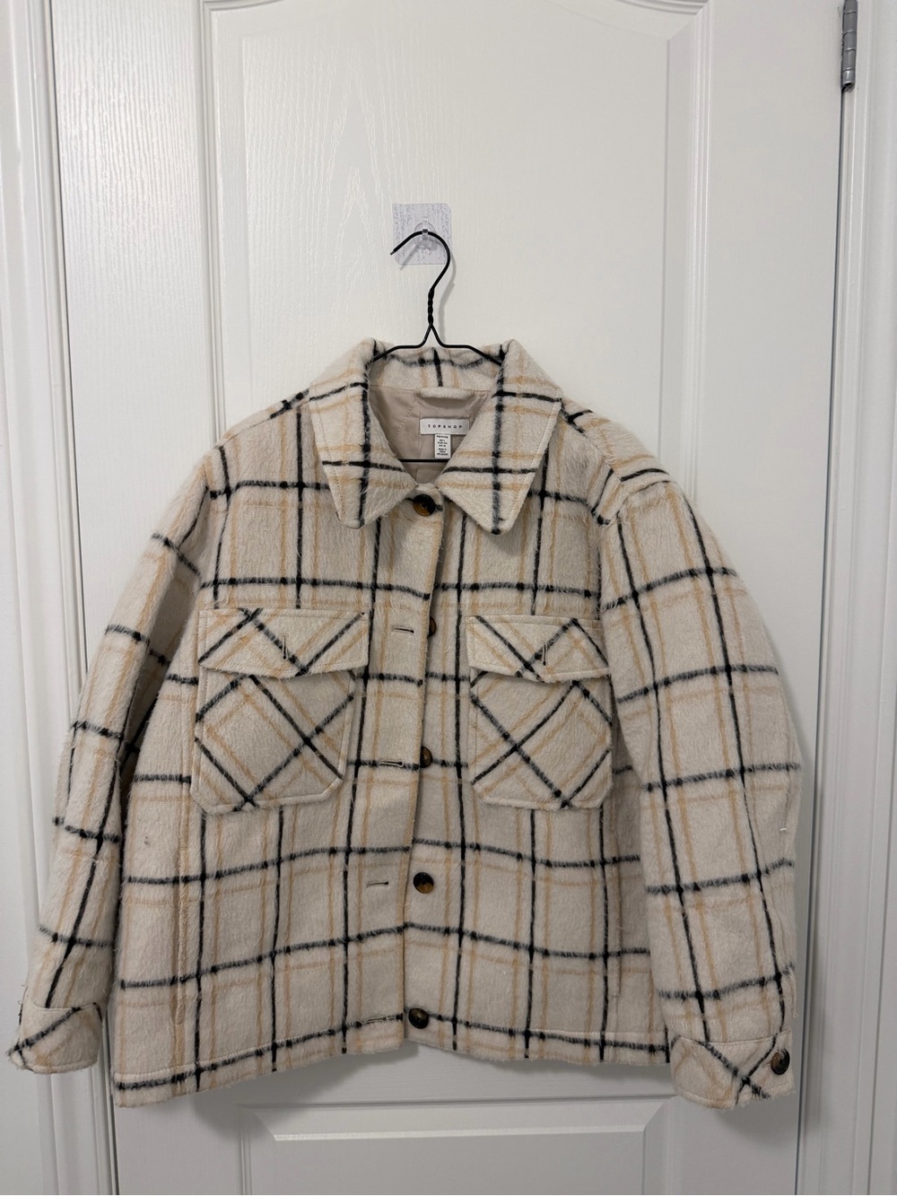 Topshop Cream Plaid Teddy Jacket with Black & Tan Checks